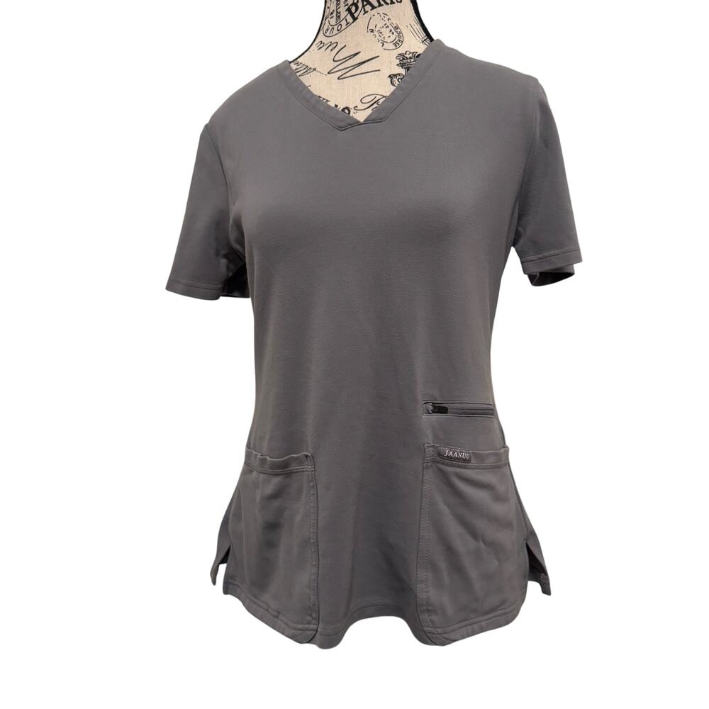 Jaanuu Womens Medium Gray V-Neck Scrub Top J96202 Stretch Medical Uniform